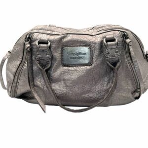 Simply Vera Wang Metallic Silver Satchel Handbag Faux Leather Zipper Details